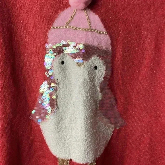 LAUREN CONRAD WO SIZE XL PETITE  SOFT ROSE RED METALLIC THREAD SWEATER PENGUIN - Picture 7 of 12